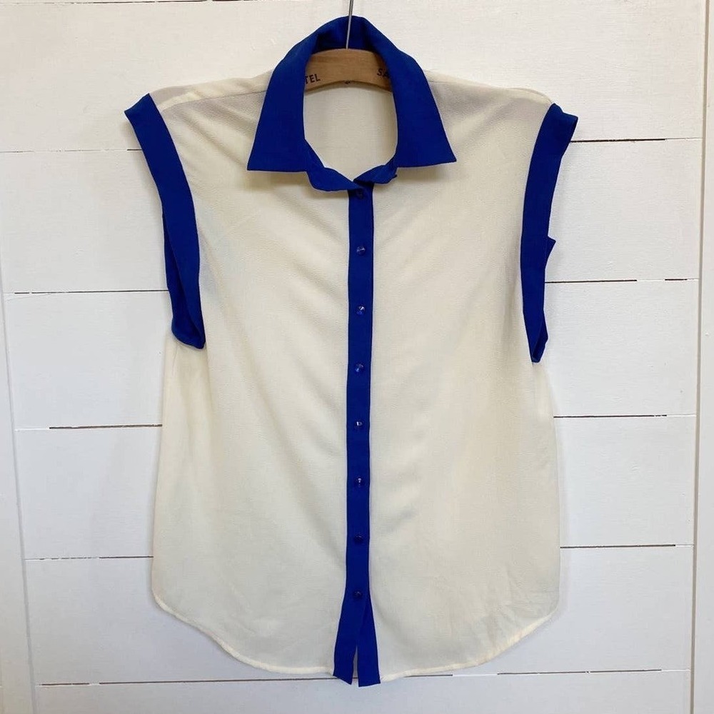 Sisley Womens Sleeveless Colorblock Button Down Blouse Cream Royal Blue XS